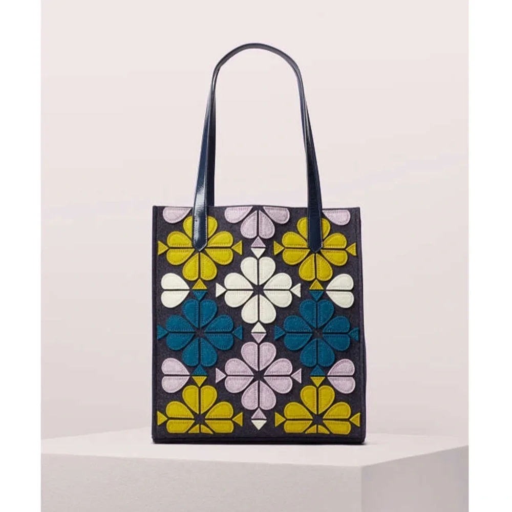 KATE SPADE Blue Purple Kitt North South Floral Felt Tote Bag & Matching Pouch